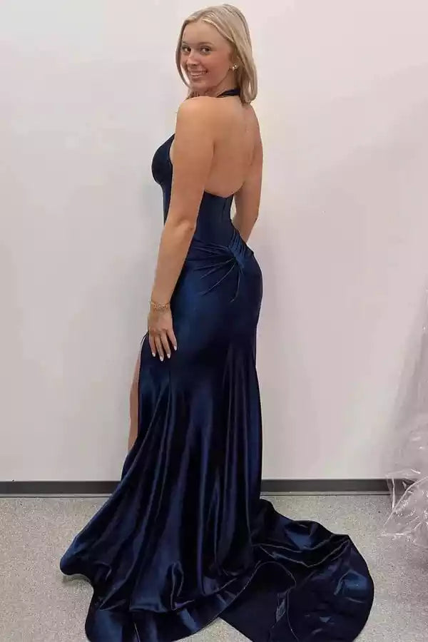 Navy Blue Satin Halter Deep V-Back Mermaid Gown – Bold & Luxe Evening Party Dress