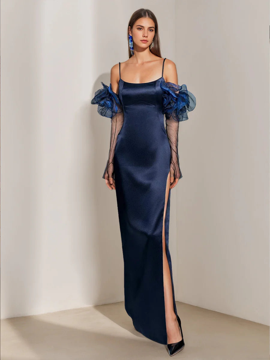 Navy Blue Satin Off-Shoulder Evening Dress 3D Floral Mesh Sleeves High Slit Maxi Formal Gown