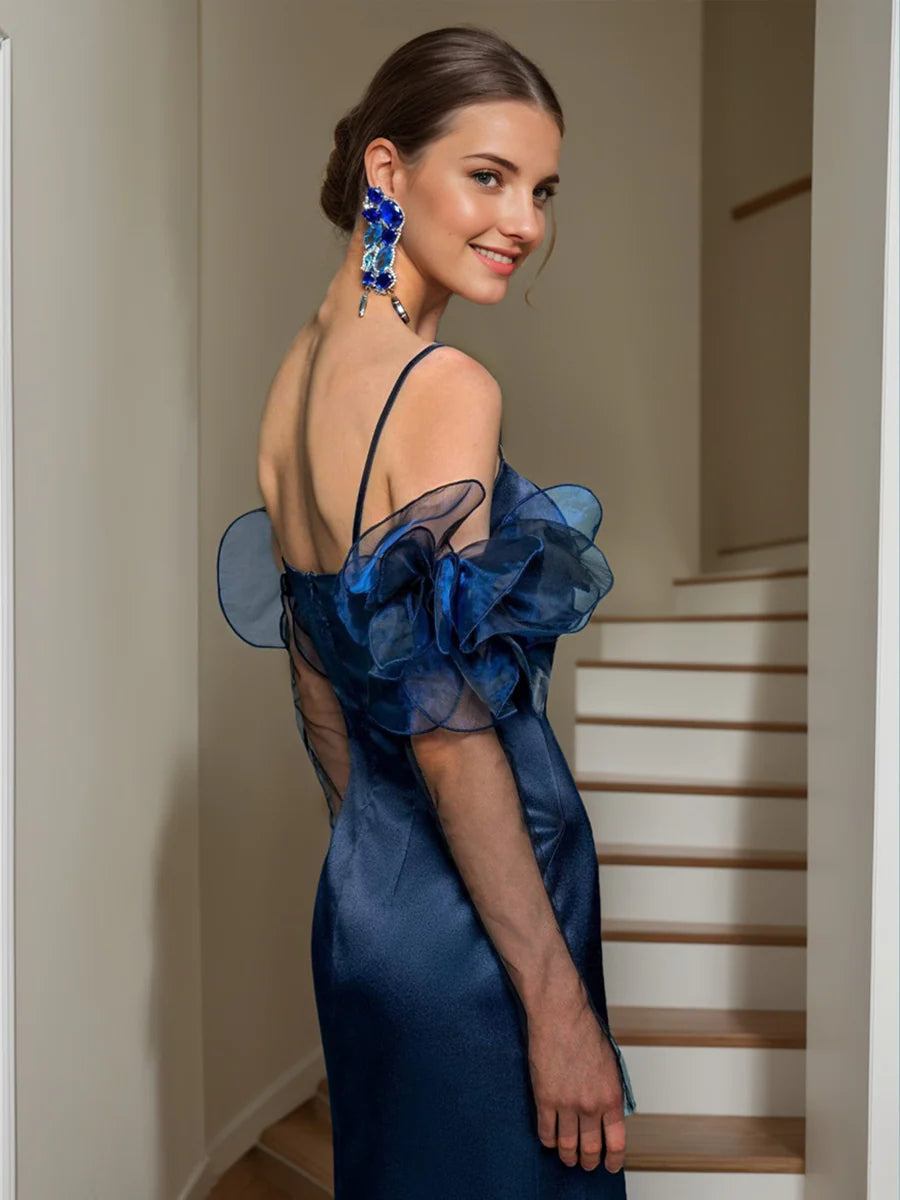 Navy Blue Satin Off-Shoulder Evening Dress 3D Floral Mesh Sleeves High Slit Maxi Formal Gown