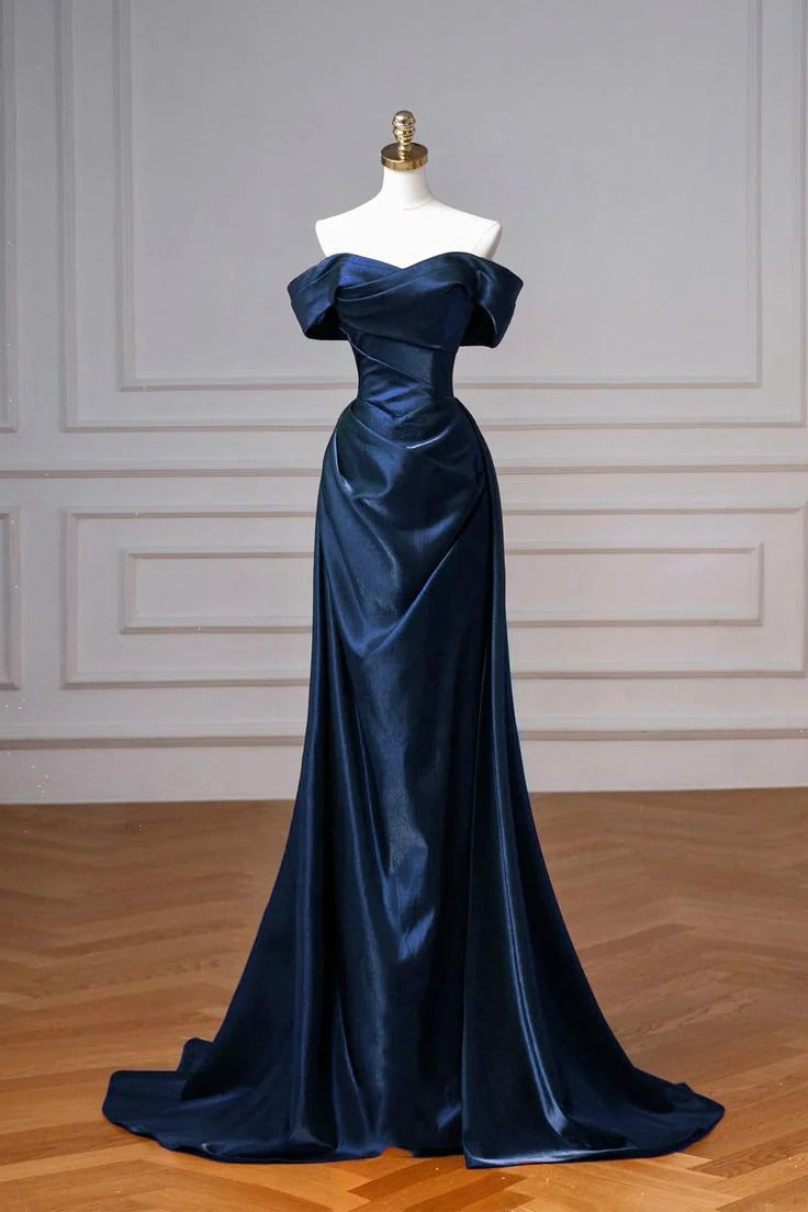 Navy Blue Satin Off-the-Shoulder Mermaid Gown with Trailing Train