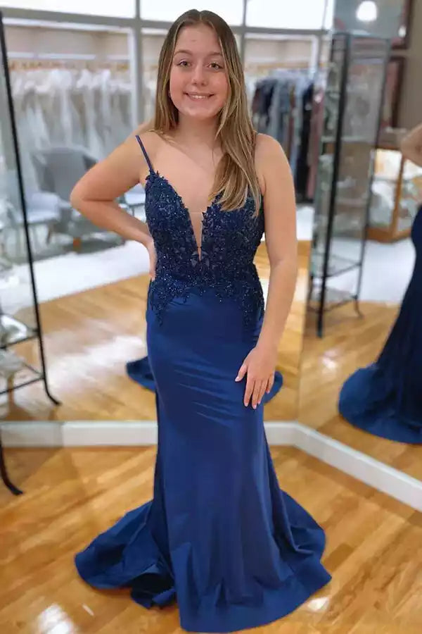 Navy Blue Satin Spaghetti Strap Crisscross Back Mermaid Gown – Glamorous & Sophisticated Evening Party Dress