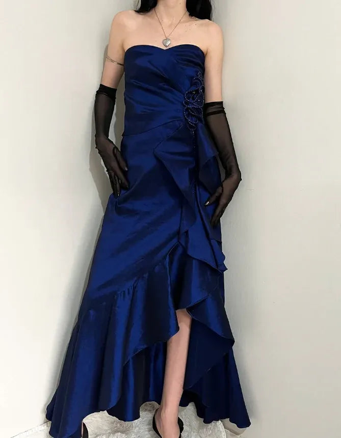 Navy Blue Satin Strapless Lace-Up Ruffle Gown – High-Slit Formal Prom Dress