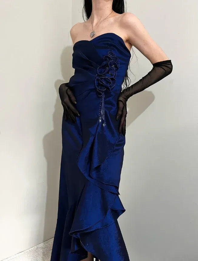 Navy Blue Satin Strapless Lace-Up Ruffle Gown – High-Slit Formal Prom Dress