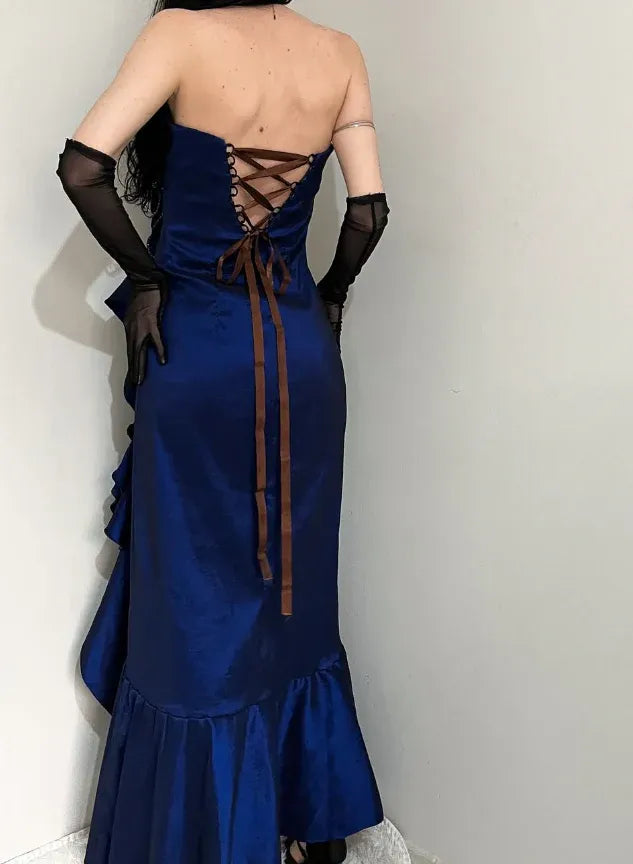 Navy Blue Satin Strapless Lace-Up Ruffle Gown – High-Slit Formal Prom Dress