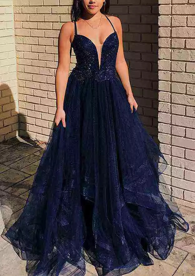 Navy Blue Sequin Tulle Crisscross-Back A-Line Gown – Glittering & Elegant Evening Party Dress