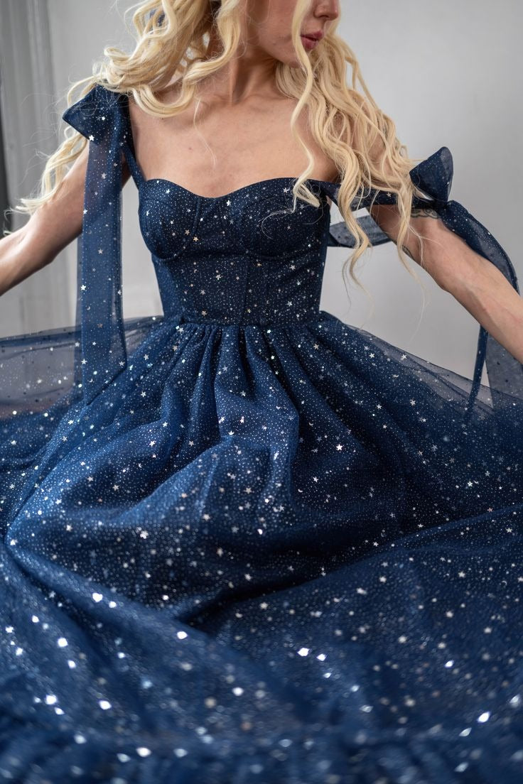 Navy Blue Starry Tulle Off-the-Shoulder Bow Tiered Ball Gown