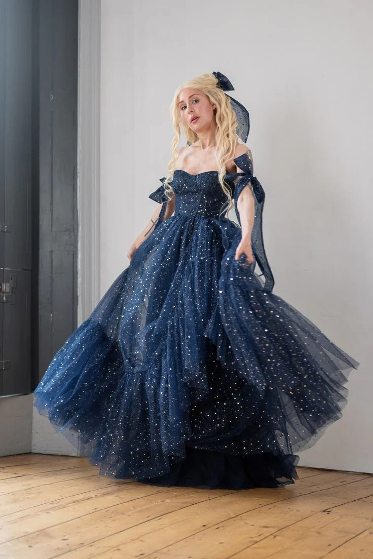 Navy Blue Starry Tulle Off-the-Shoulder Bow Tiered Ball Gown