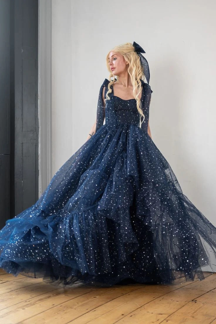 Navy Blue Starry Tulle Off-the-Shoulder Bow Tiered Ball Gown