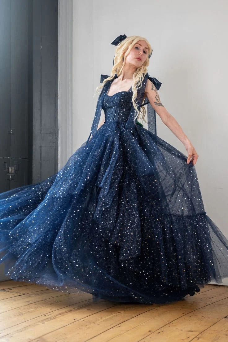 Navy Blue Starry Tulle Off-the-Shoulder Bow Tiered Ball Gown