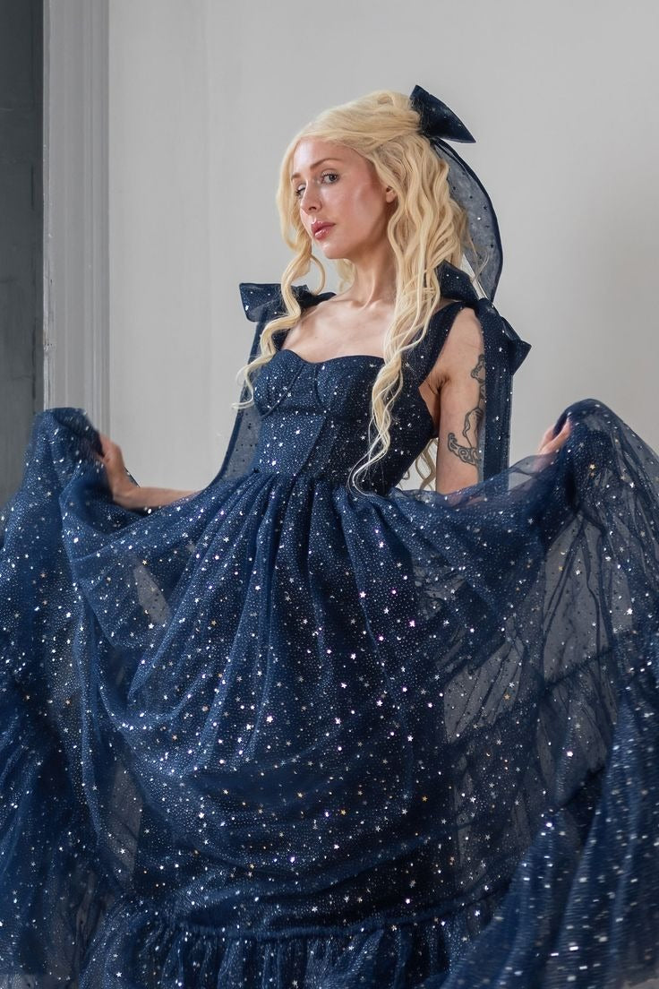 Navy Blue Starry Tulle Off-the-Shoulder Bow Tiered Ball Gown