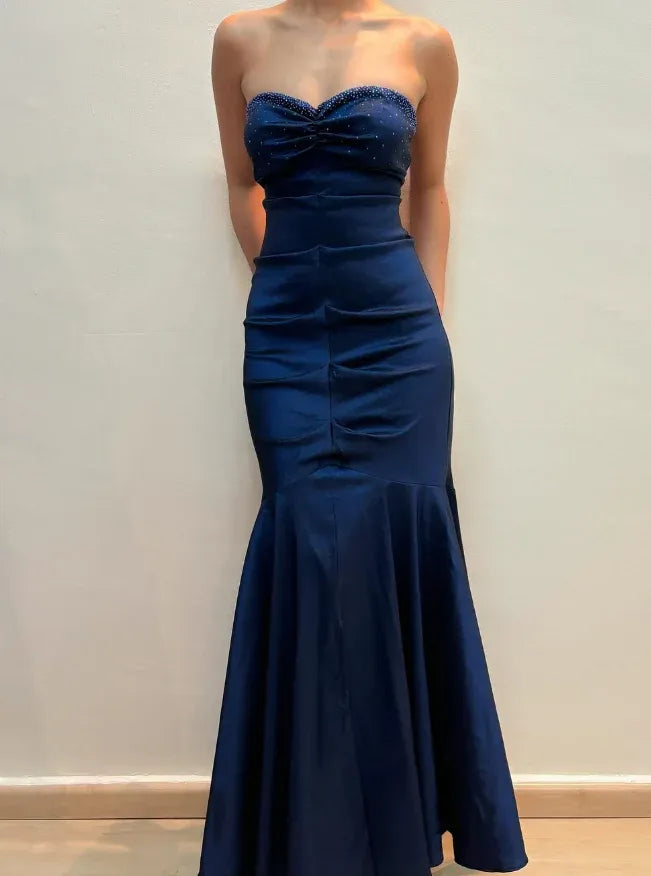Navy Blue Strapless Beaded Satin Mermaid Maxi Gown