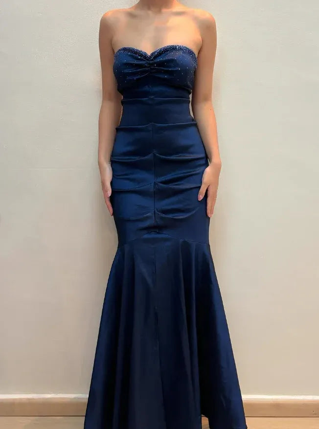Navy Blue Strapless Beaded Satin Mermaid Maxi Gown