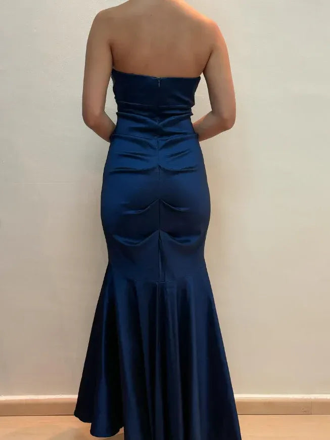 Navy Blue Strapless Beaded Satin Mermaid Maxi Gown