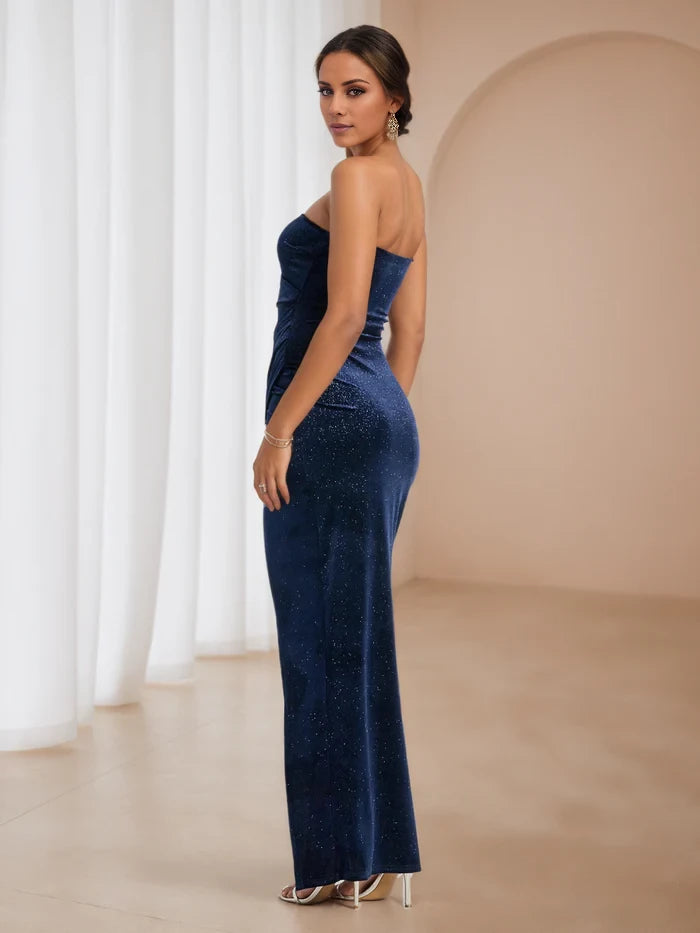 Navy Blue Strapless Trumpet Mermaid Split Prom Dresses