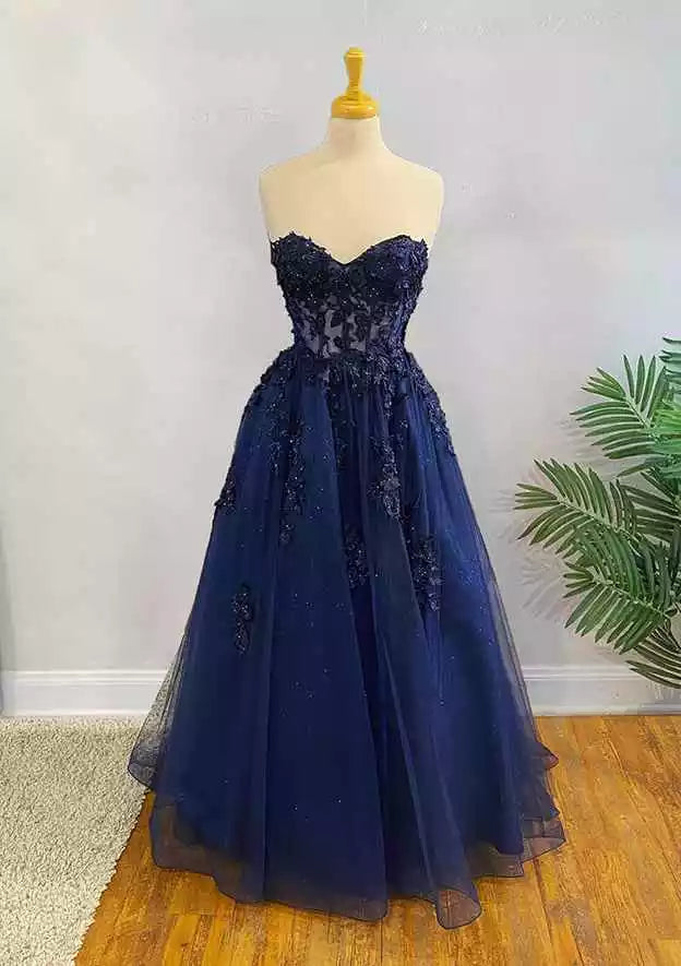 Navy Blue Tulle Lace-Embellished Strapless Ball Gown – Elegant & Glittering Evening Party Dress