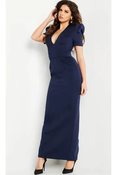 Navy Elegant Puff Sleeve Column Gown Mother of the Bride Dresses