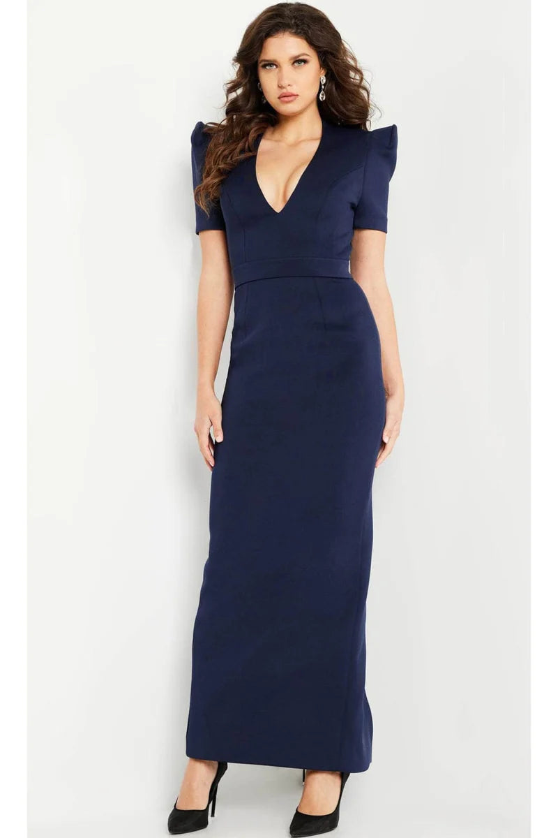 Navy Elegant Puff Sleeve Column Gown Mother of the Bride Dresses