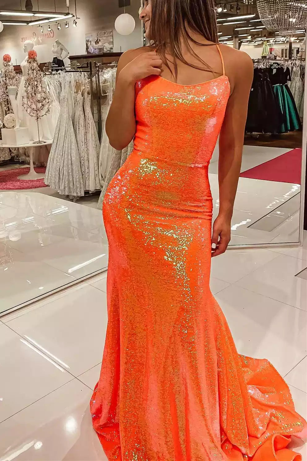 Neon Orange Gradient Sequin Mermaid Gown – Vibrant & Glittering Evening Party Dress