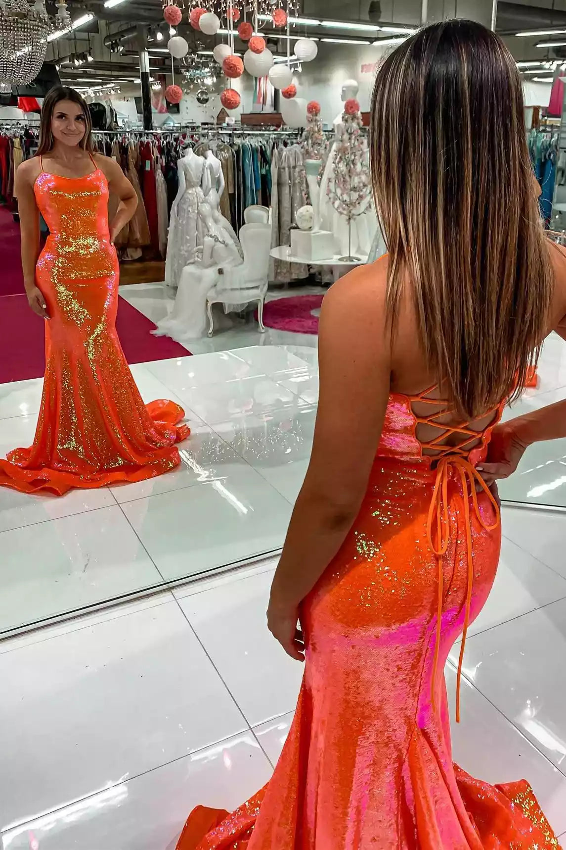 Neon Orange Gradient Sequin Mermaid Gown – Vibrant & Glittering Evening Party Dress