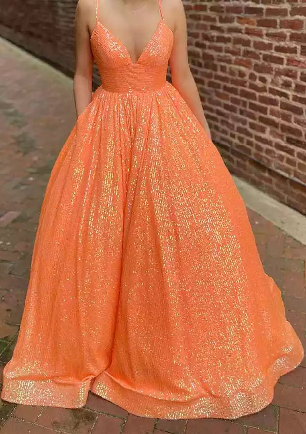 Neon Orange Sequin A-Line Gown – Vibrant & Glittering Evening Party Dress