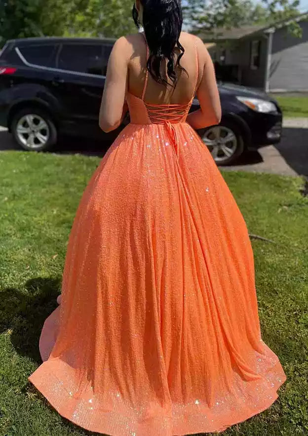 Neon Orange Sequin A-Line Gown – Vibrant & Glittering Evening Party Dress
