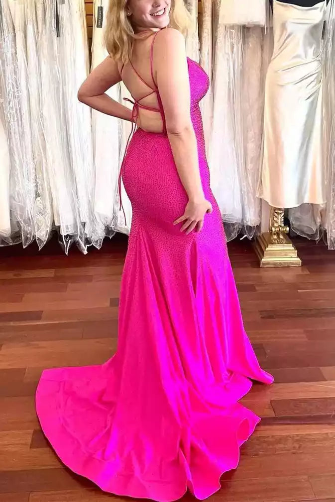 Neon Pink Beaded Crisscross-Back Mermaid Gown – Bold & Glittering Evening Party Dress