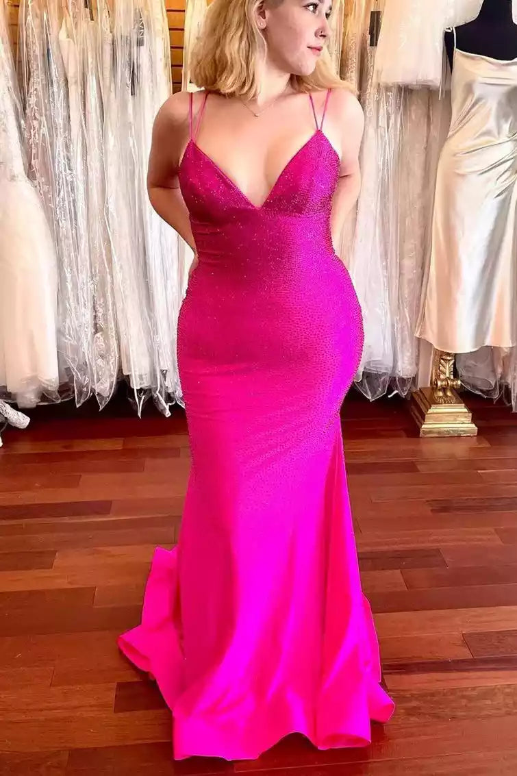 Neon Pink Beaded Crisscross-Back Mermaid Gown – Bold & Glittering Evening Party Dress