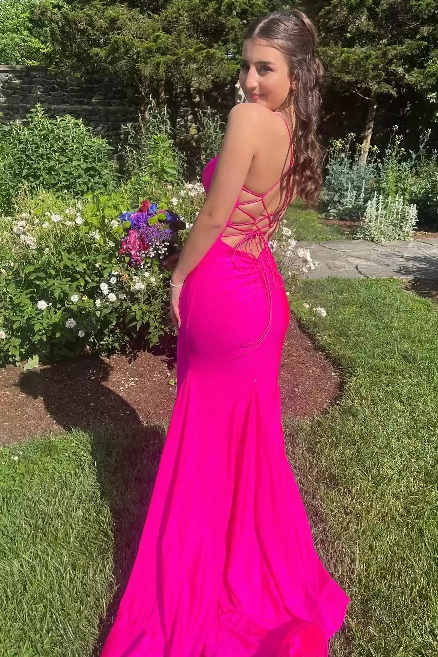 Neon Pink Satin Crisscross-Back Mermaid Gown – Bold & Vibrant Evening Party Dress