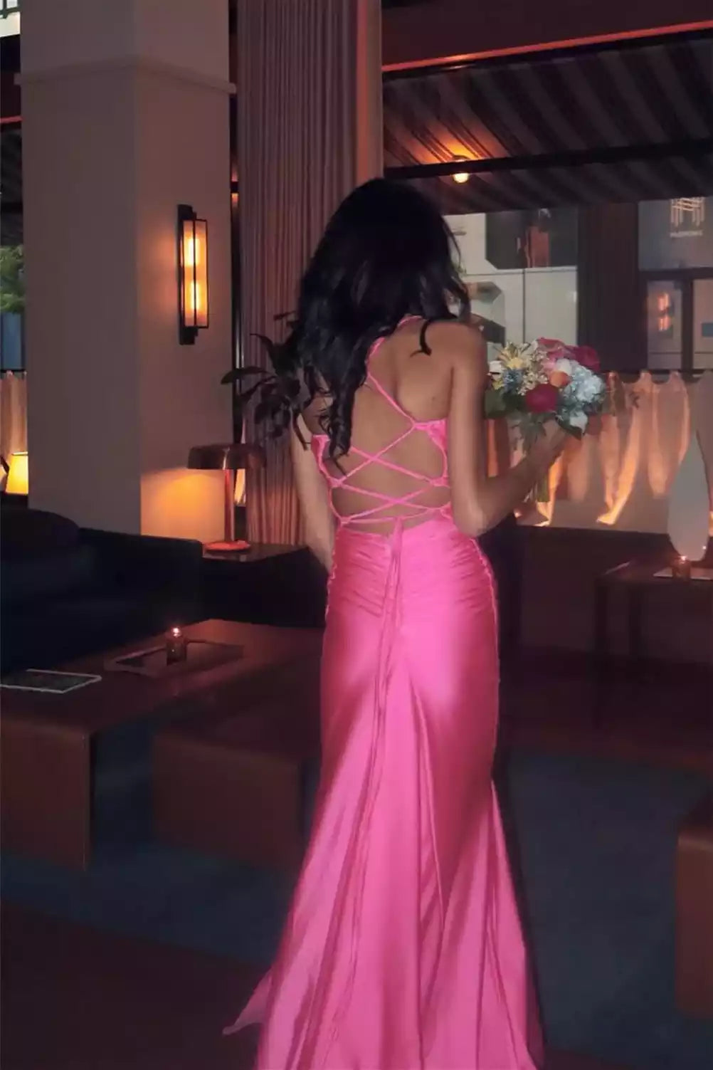Neon Pink Satin Crisscross-Back Mermaid Gown – Bold & Vibrant Evening Party Dress