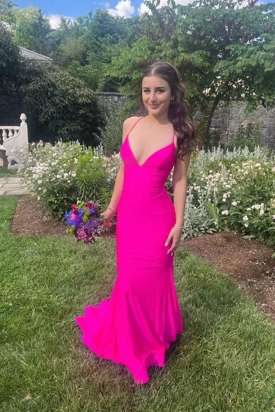 Neon Pink Satin Crisscross-Back Mermaid Gown – Bold & Vibrant Evening Party Dress