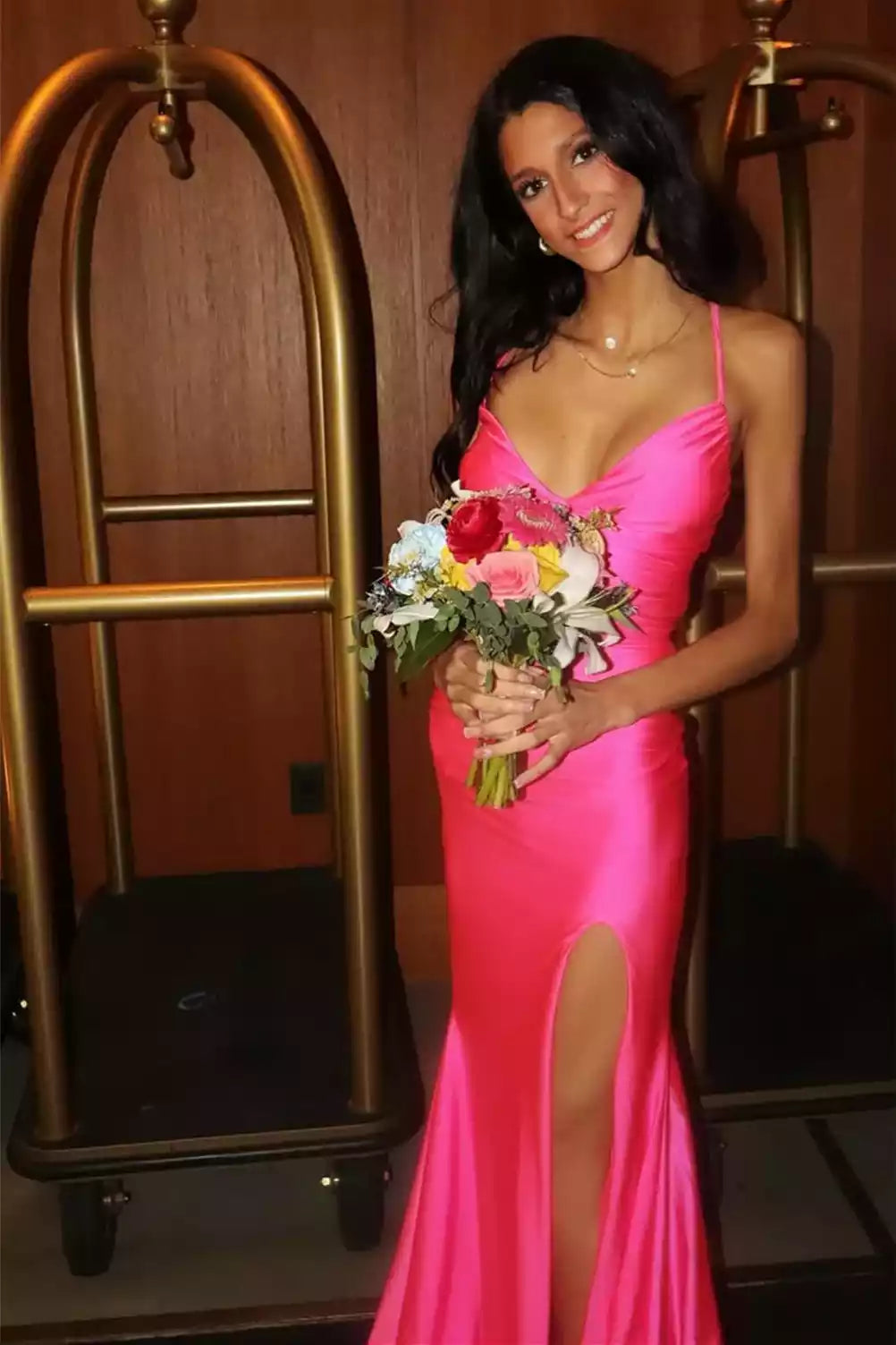 Neon Pink Satin Crisscross-Back Mermaid Gown – Bold & Vibrant Evening Party Dress