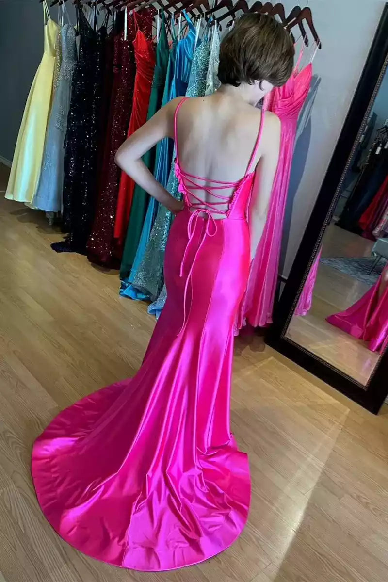 Neon Pink Satin Ruffled-Neck Crisscross-Back Mermaid Gown – Vibrant & Romantic Evening Party Dress