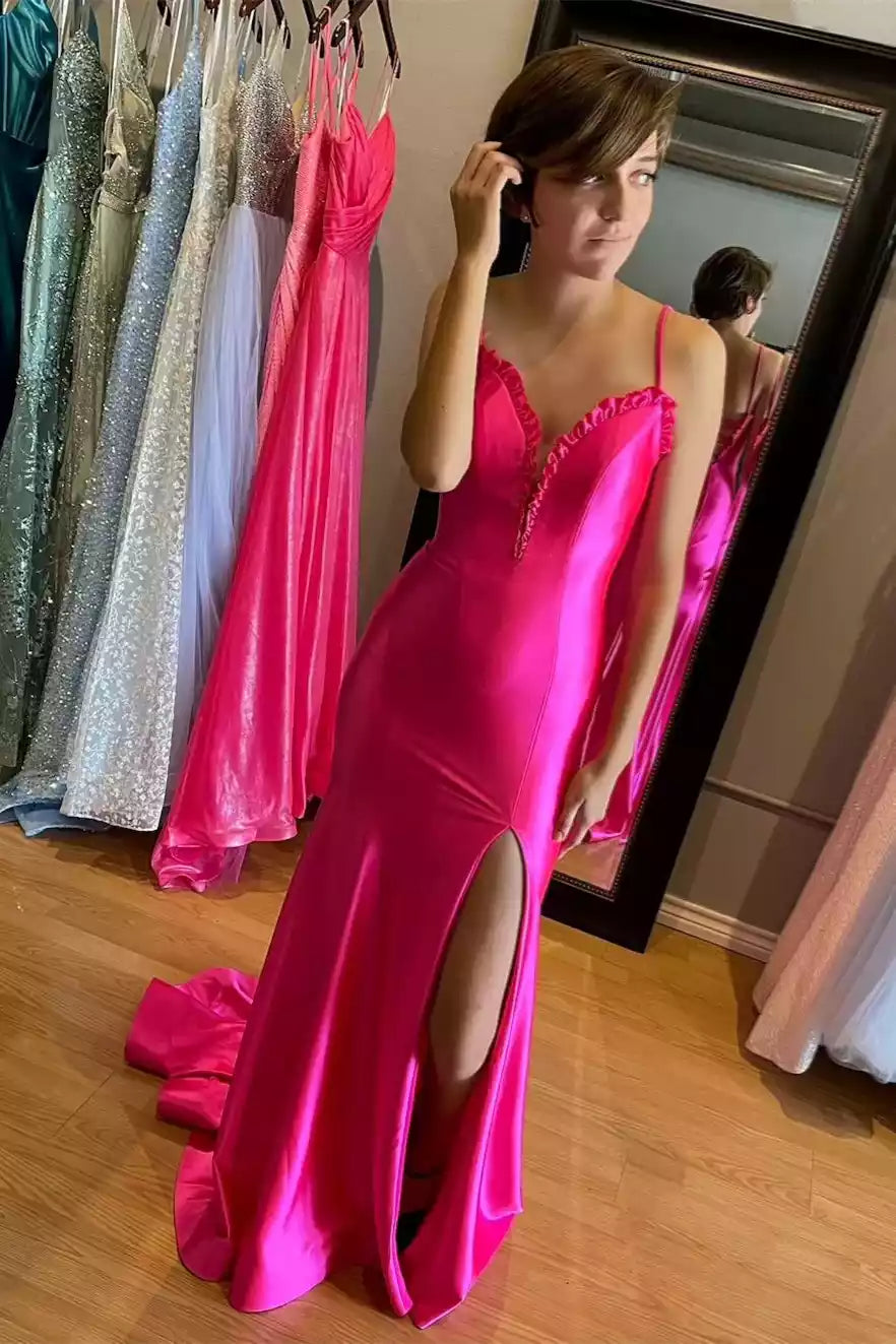 Neon Pink Satin Ruffled-Neck Crisscross-Back Mermaid Gown – Vibrant & Romantic Evening Party Dress