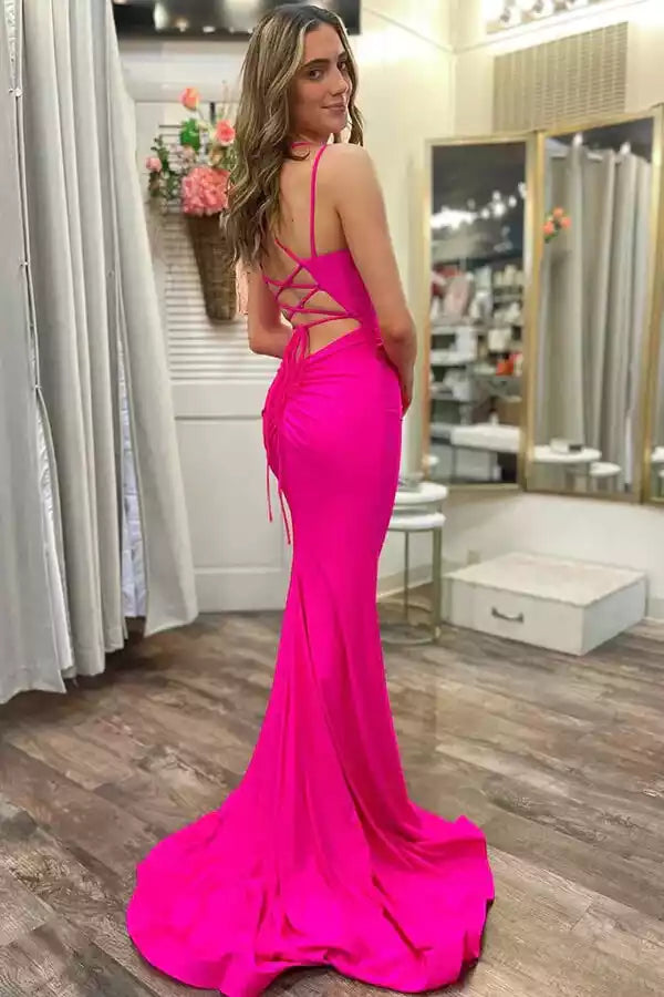 Neon Pink Spaghetti Strap Crisscross Back Mermaid Train Gown – Bold & Alluring Evening Party Dress