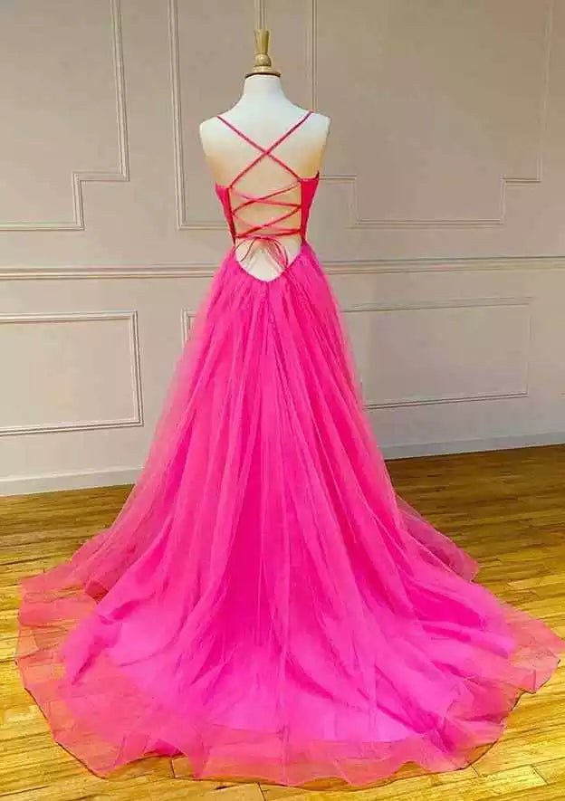 Neon Pink Tulle Spaghetti Strap Crisscross Back A-Line Gown – Vibrant & Bold Evening Party Dress