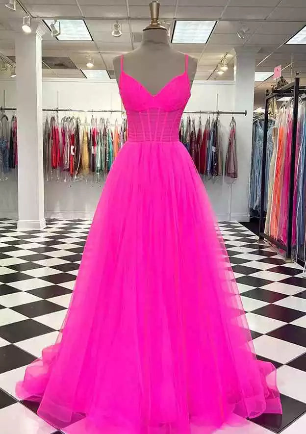 Neon Pink Tulle Spaghetti Strap Crisscross Back A-Line Gown – Vibrant & Bold Evening Party Dress