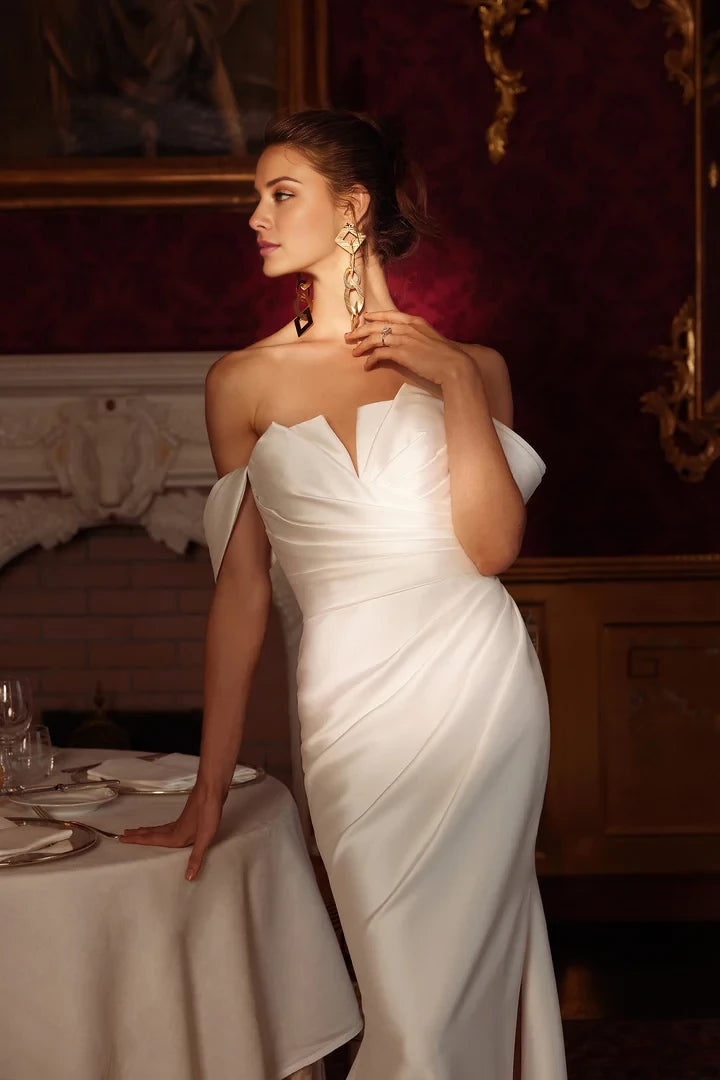 Notch Neckline  Fit and Flare Gown with Pleated Accents Wedding Dresses