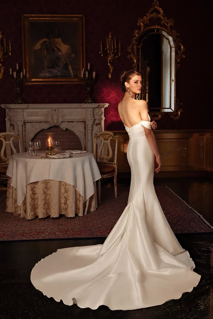 Notch Neckline  Fit and Flare Gown with Pleated Accents Wedding Dresses