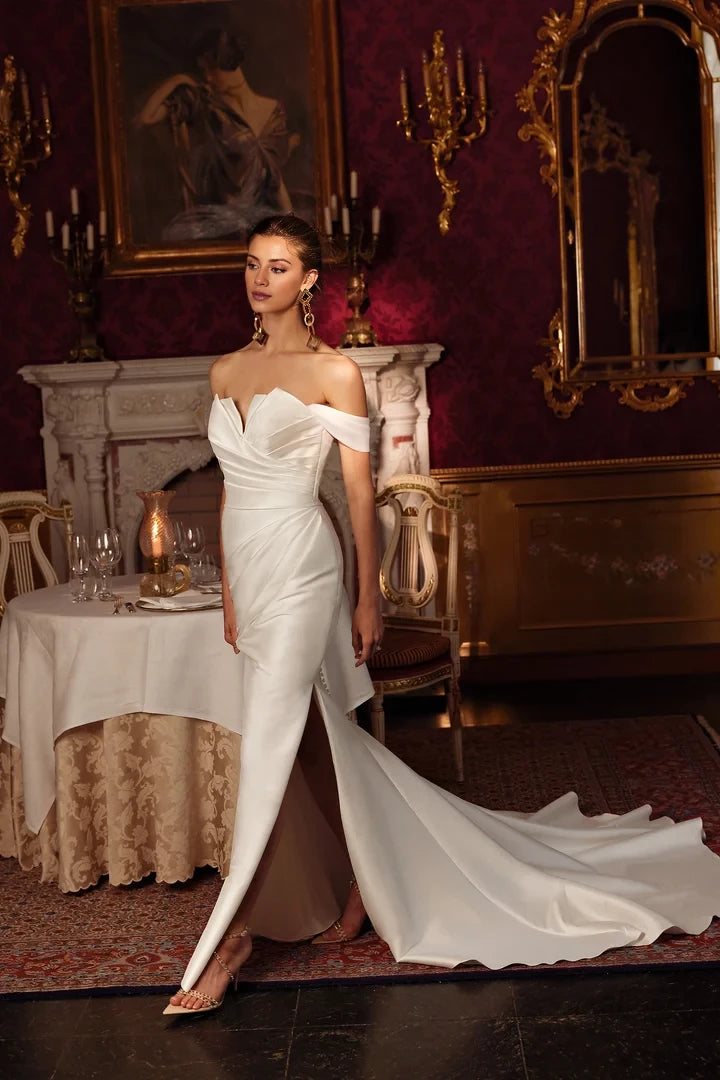 Notch Neckline  Fit and Flare Gown with Pleated Accents Wedding Dresses