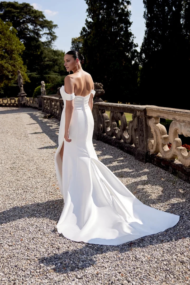 Notch Neckline Fit and Flare Plus Size Gown with Pleated Accents Wedding Dresses