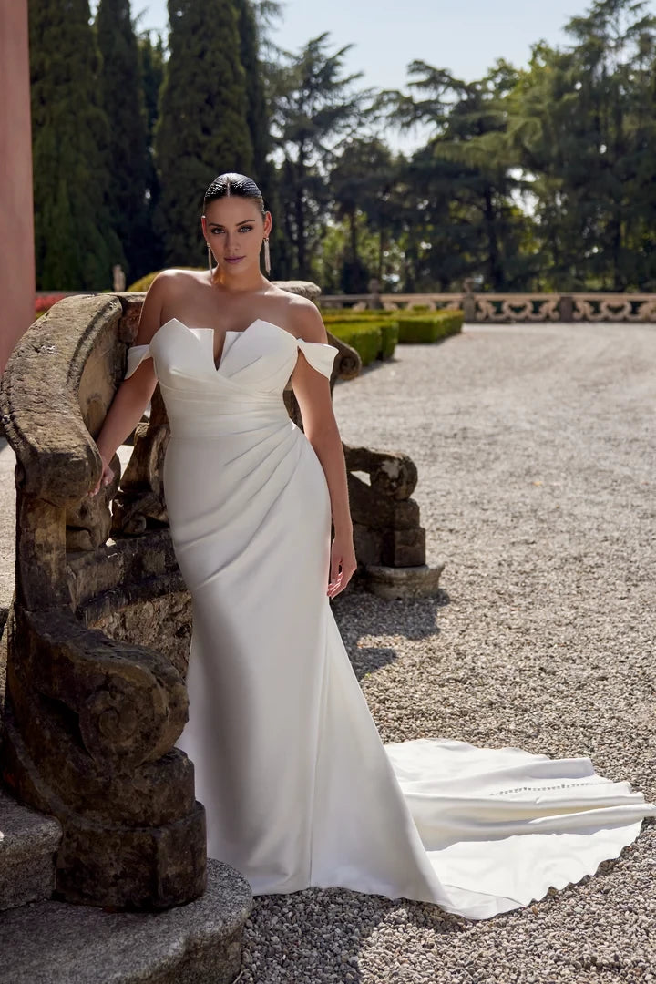 Notch Neckline Fit and Flare Plus Size Gown with Pleated Accents Wedding Dresses
