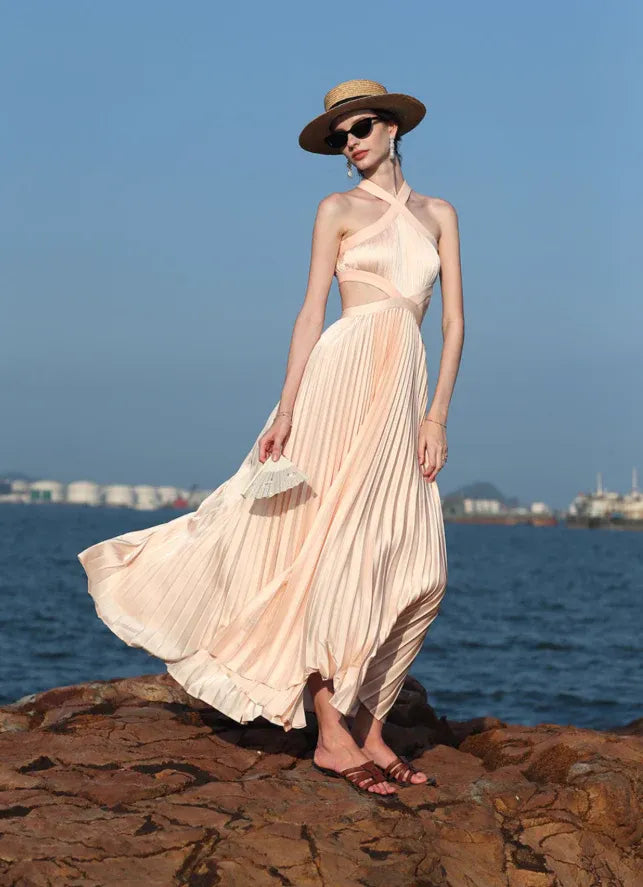 Nude Criss-Cross Halter Cutout Pleated Maxi Dress