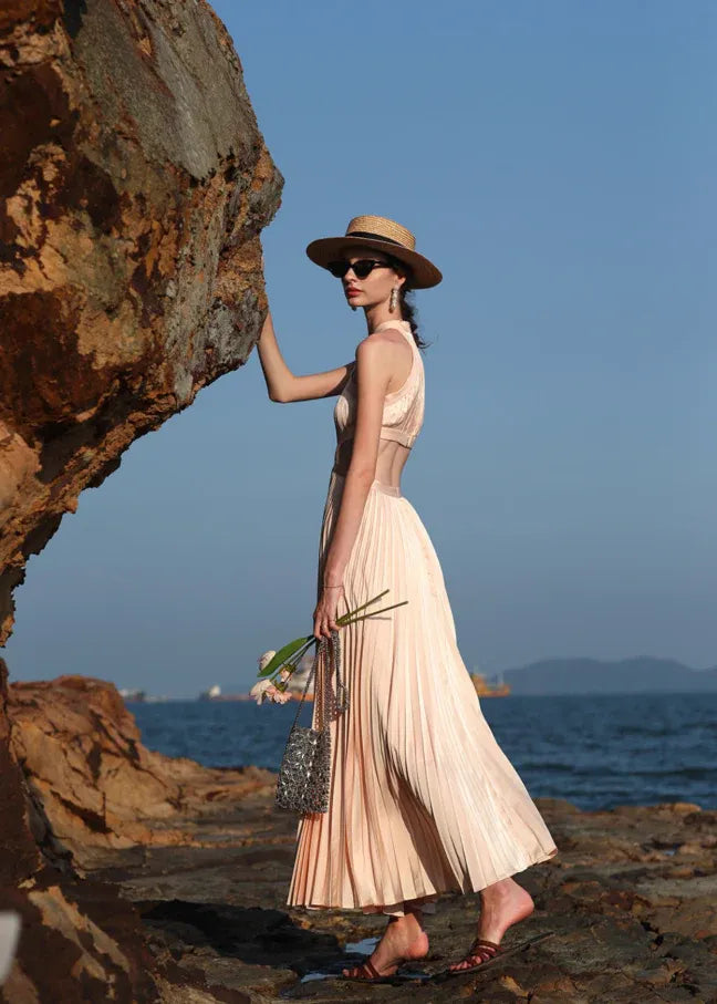 Nude Criss-Cross Halter Cutout Pleated Maxi Dress