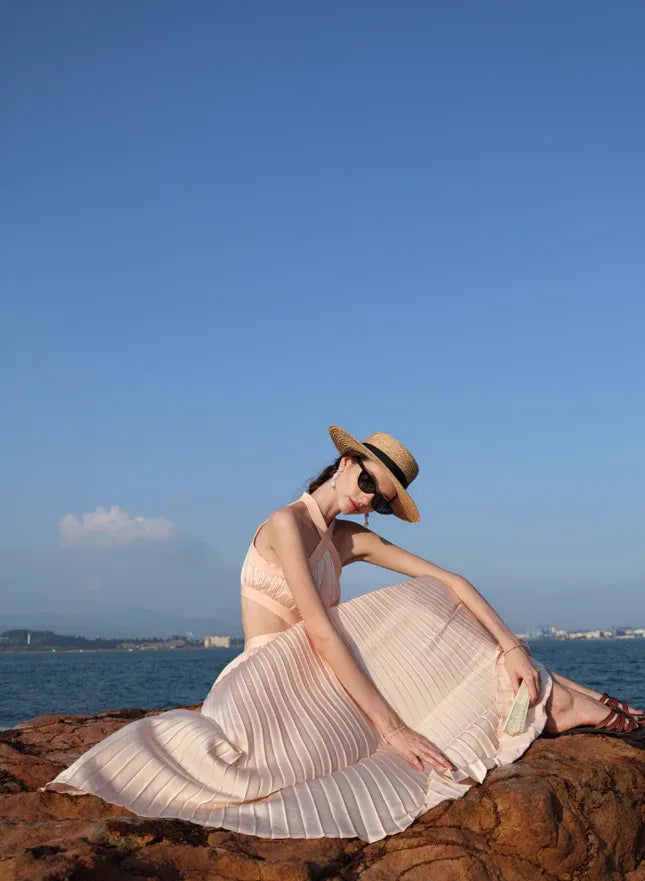 Nude Criss-Cross Halter Cutout Pleated Maxi Dress