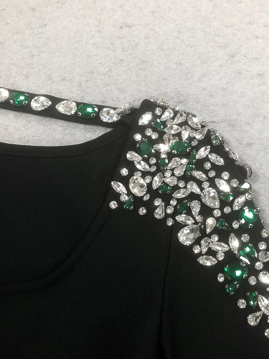 O Neck Beaded Crystal Embellished Evening Dress Contrast Satin Puff Sleeve Bodycon Slit Formal Gown with Open Back