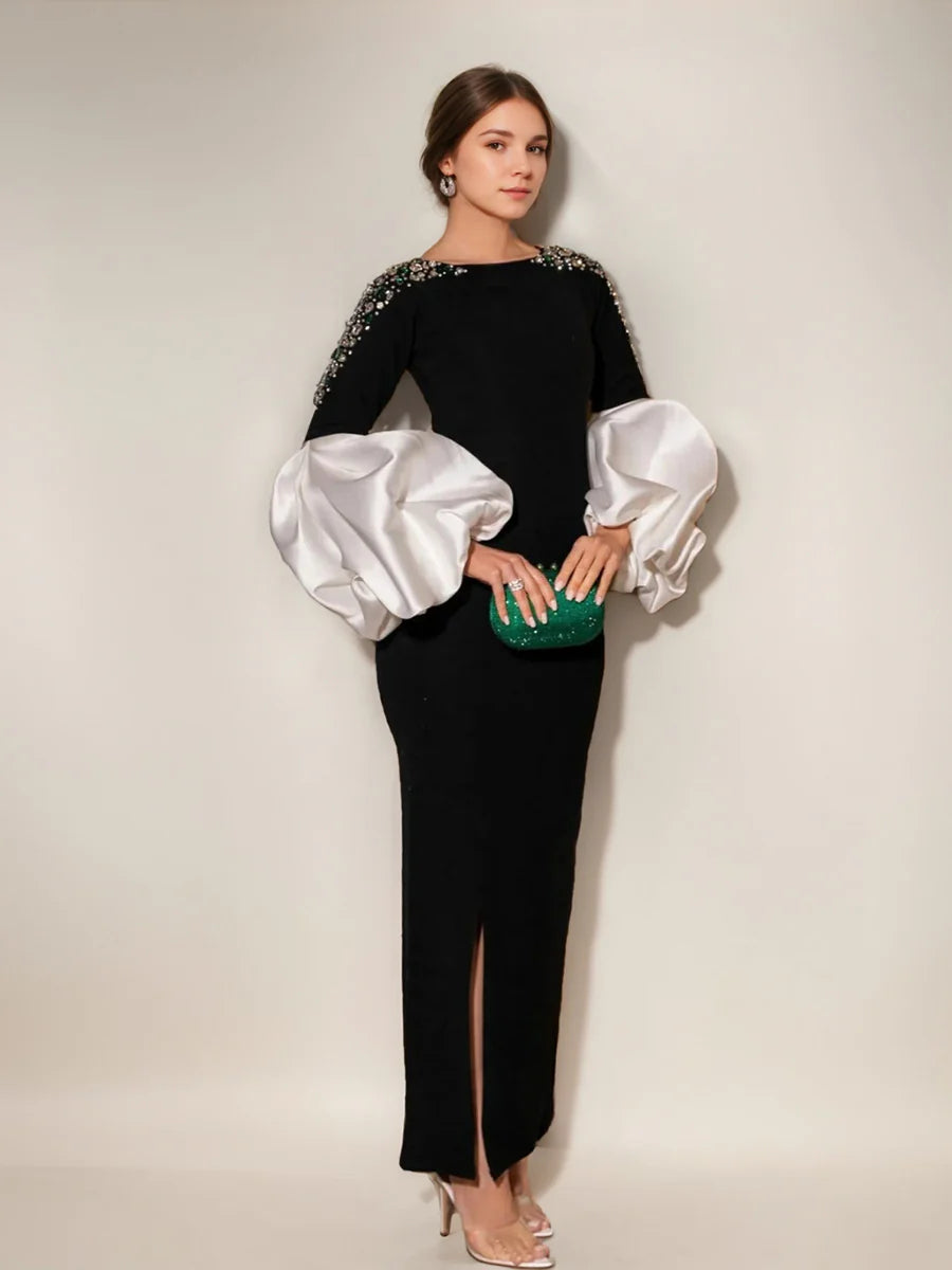 O Neck Beaded Crystal Embellished Evening Dress Contrast Satin Puff Sleeve Bodycon Slit Formal Gown with Open Back