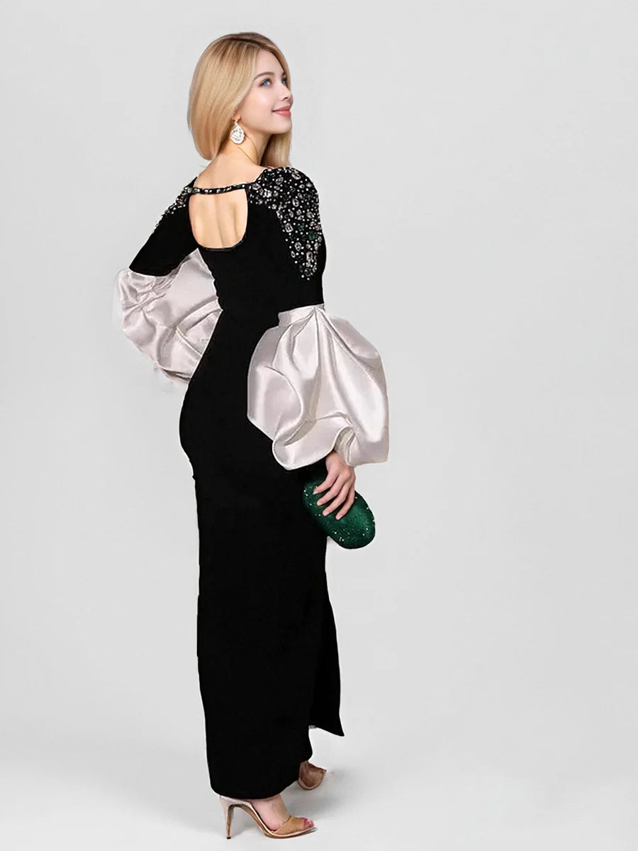 O Neck Beaded Crystal Embellished Evening Dress Contrast Satin Puff Sleeve Bodycon Slit Formal Gown with Open Back