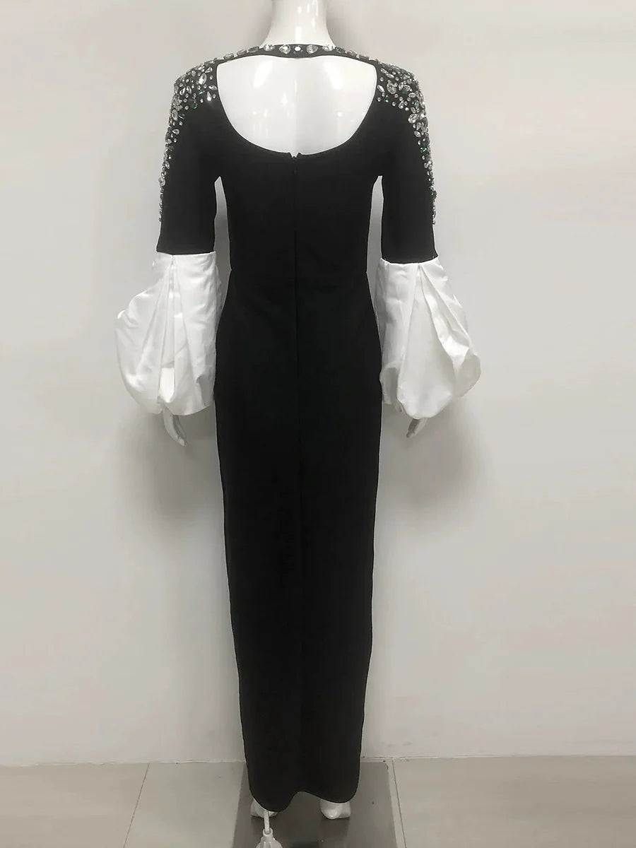 O Neck Beaded Crystal Embellished Evening Dress Contrast Satin Puff Sleeve Bodycon Slit Formal Gown with Open Back