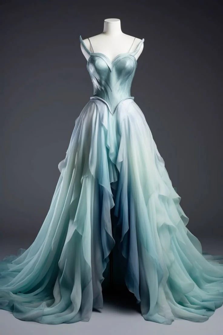 Ocean Blue Gradient Organza Spaghetti Strap Sculptural Ruffle Gown with Train