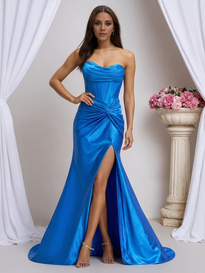 Ocean Blue Strapless Ruched Floor Length Prom Dress with Slit